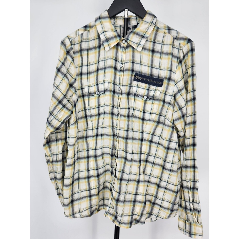 Harley-Davidson Mens Plaid Button Up Shirt Yellow Cream Graphic Back Large Zip
